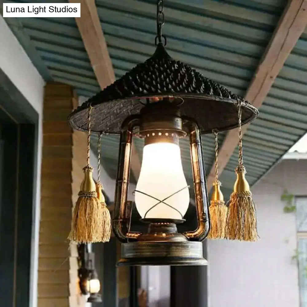 Frosted Glass Lantern Hanging Lamp - Lodge Style Ceiling Fixture For Balcony Black Finish With Hat