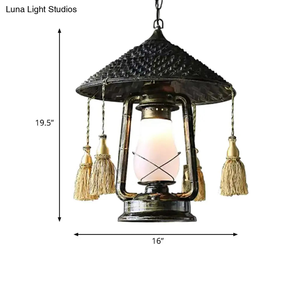 Frosted Glass Lantern Hanging Lamp - Lodge Style Ceiling Fixture For Balcony Black Finish With Hat