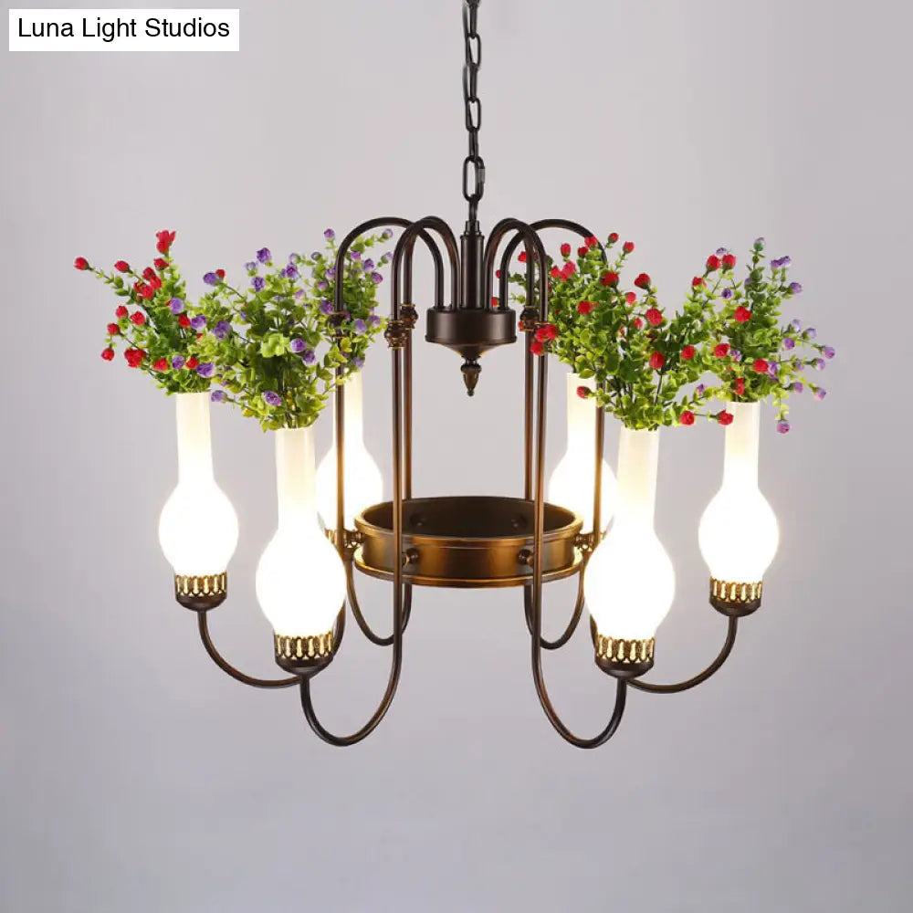 Opal Glass Pendant Lamp With Artificial Plant - Loft Vase Chandelier Light Fixture (6 Heads) In