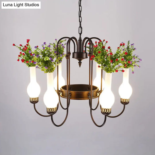 Opal Glass Pendant Lamp With Artificial Plant - Loft Vase Chandelier Light Fixture (6 Heads) In