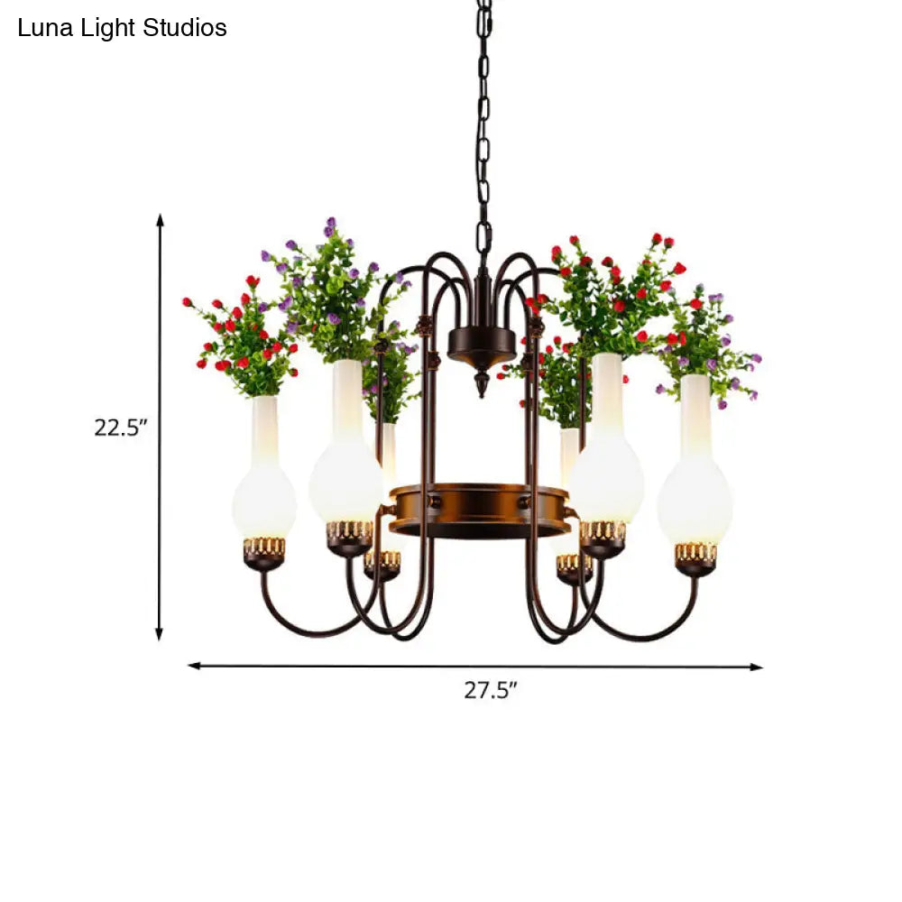 Opal Glass Pendant Lamp With Artificial Plant - Loft Vase Chandelier Light Fixture (6 Heads) In