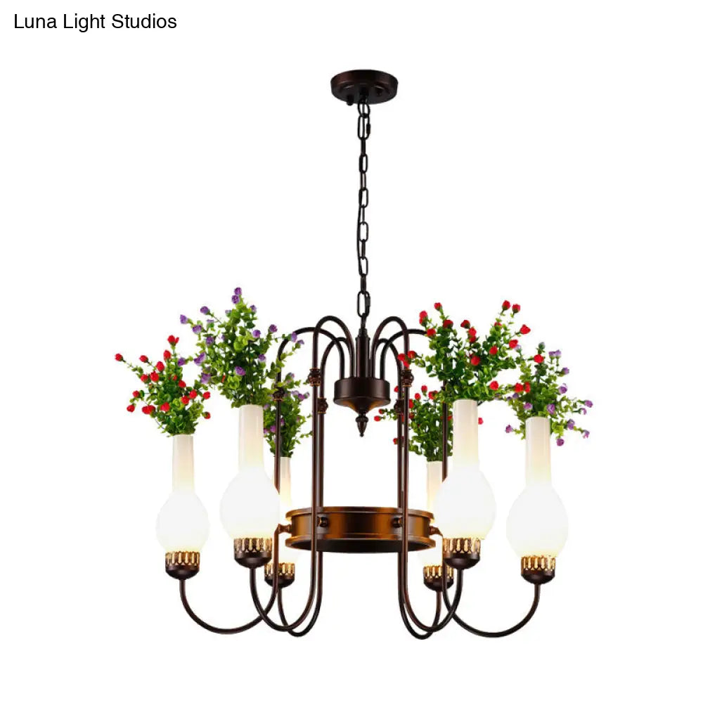 Black Loft Vase Chandelier With Opal Glass Pendants 6-Light Fixture And Artificial Plant