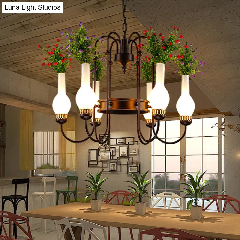 Black Loft Vase Chandelier With Opal Glass Pendants 6-Light Fixture And Artificial Plant