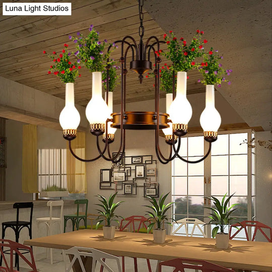 Black Loft Vase Chandelier With Opal Glass Pendants 6-Light Fixture And Artificial Plant