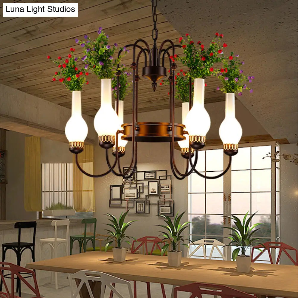 Opal Glass Pendant Lamp With Artificial Plant - Loft Vase Chandelier Light Fixture (6 Heads) In