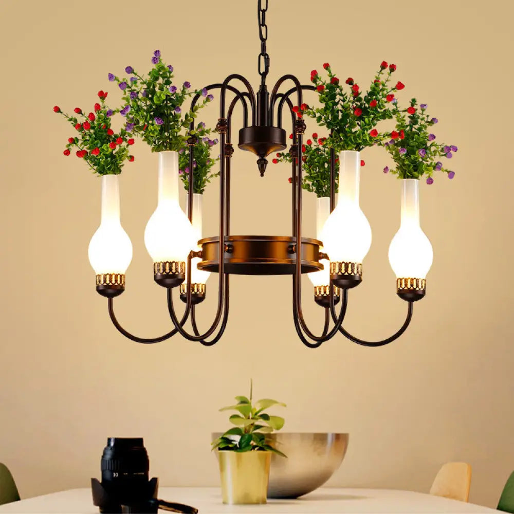 Black Loft Vase Chandelier With Opal Glass Pendants 6-Light Fixture And Artificial Plant