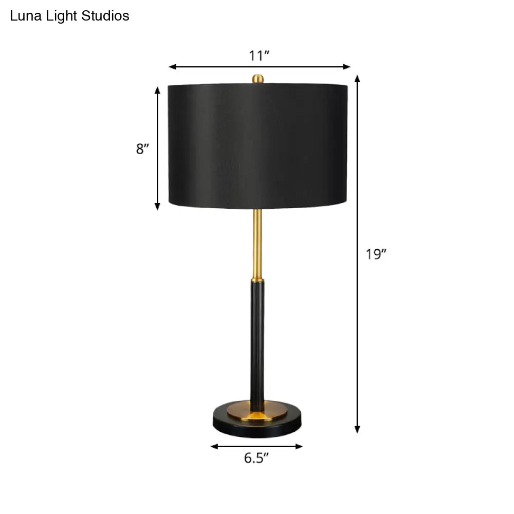 Black Luxury Drum Fabric Night Table Lamp For Living Room - 1 Bulb Nightstand Light