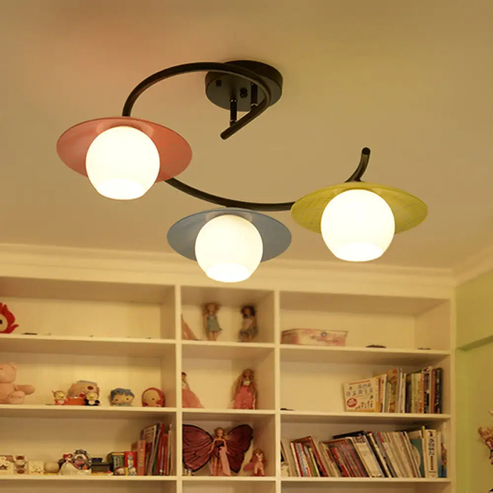 Black Macaron Swirled Iron Semi Flush Mount Ceiling Light With 3 Bulbs And Colored Saucer Cap