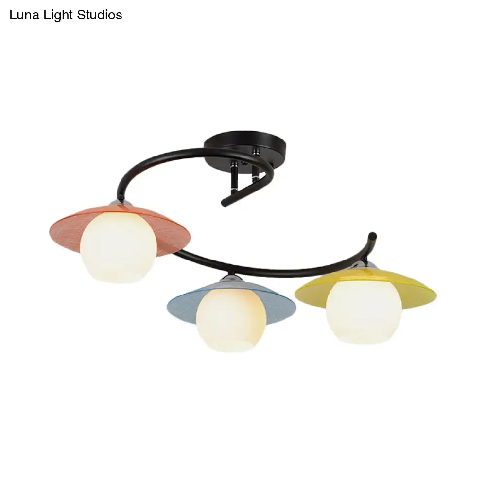 Black Macaron Swirled Iron Semi Flush Mount Ceiling Light With 3 Bulbs And Colored Saucer Cap