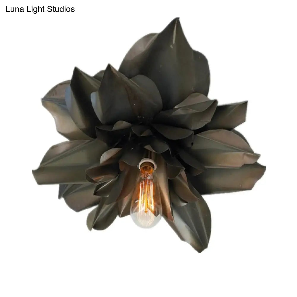 Black Magnolia Shape Flush Mount Ceiling Fixture - Rural Metallic Design 1 Head