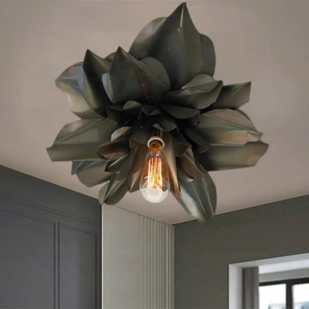 Black Magnolia Shape Flush Mount Ceiling Fixture - Rural Metallic Design 1 Head