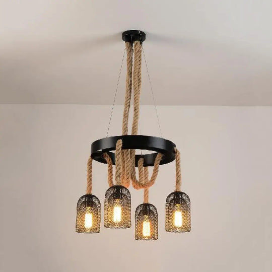 Black Mesh Shade 4-Light Ring Hanging Chandelier With Rope Detail - Industrial Foyer Lamp