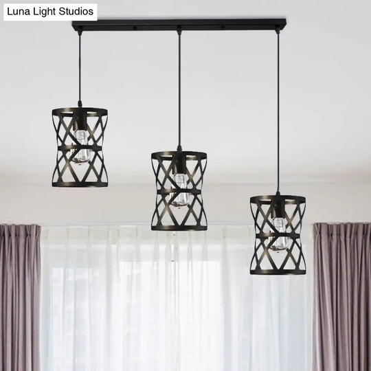 Black Metal 3-Headed Farmhouse Pendant Light With Cage Shade For Living Room Suspension