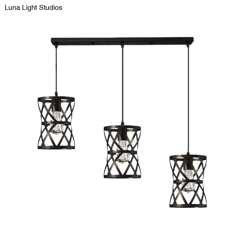 Farmhouse 3-Head Pendant Lamp: Cylindrical Metal Suspension Light With Black Cage Shade
