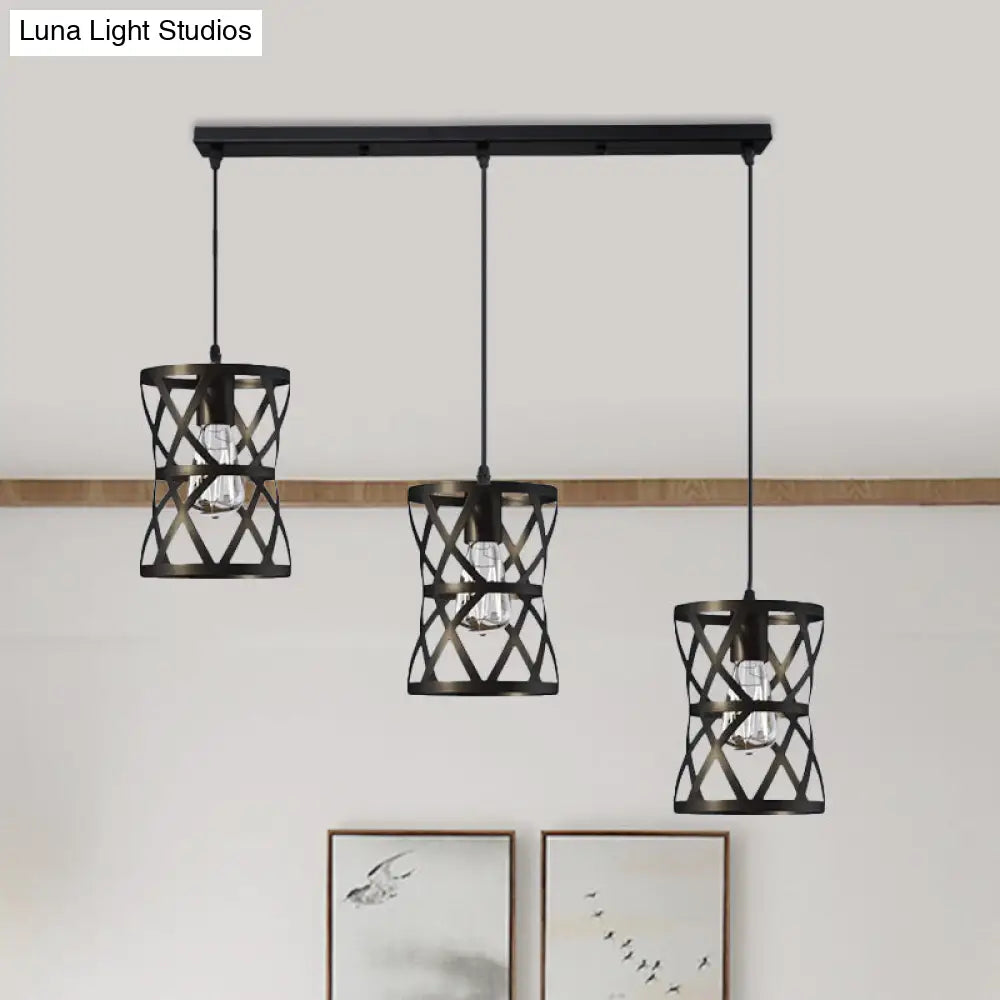 Farmhouse 3-Head Pendant Lamp: Cylindrical Metal Suspension Light With Black Cage Shade