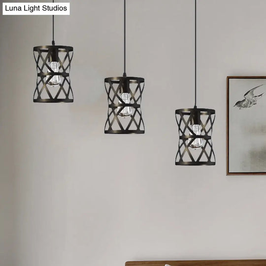 Farmhouse 3-Head Pendant Lamp: Cylindrical Metal Suspension Light With Black Cage Shade