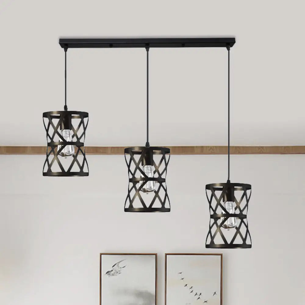 Black Metal 3-Headed Farmhouse Pendant Light With Cage Shade For Living Room Suspension