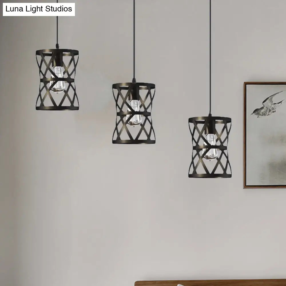 Black Metal 3-Headed Farmhouse Pendant Light With Cage Shade For Living Room Suspension