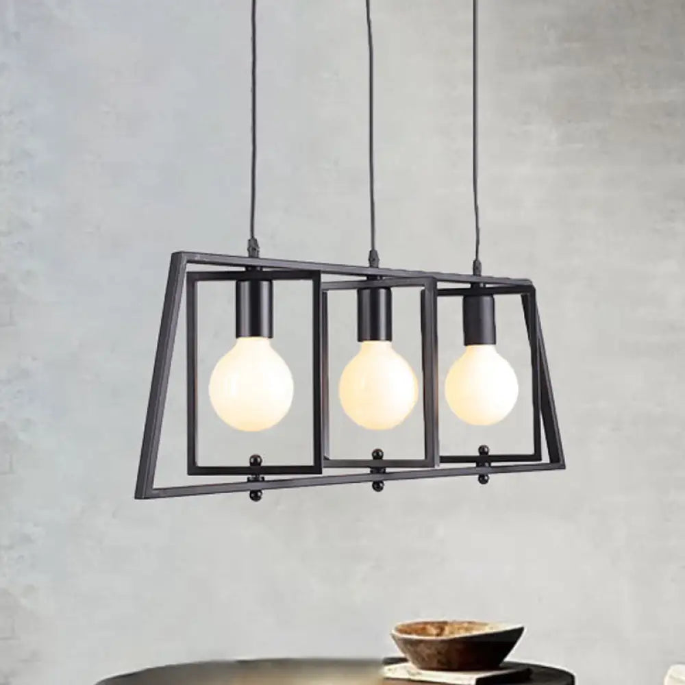 Black Metal 3-Light Chandelier For Dining Room With Exposed Bulbs - Simple Island Lighting