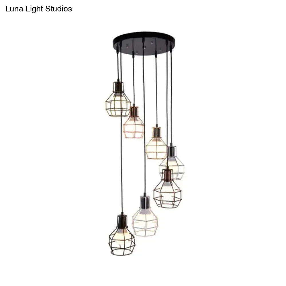 Black Metal 7-Light Pendant Chandelier With Globe Cages - Modern Stairs Ceiling Lamp