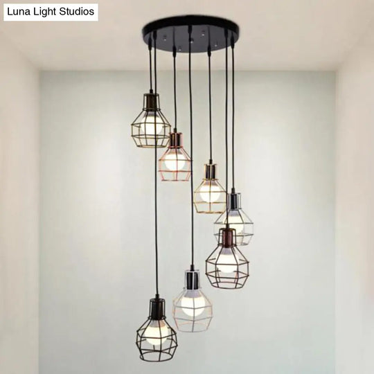 Modern Metal 7-Light Pendant Lamp In Black - Globe Cage Design Perfect For Stairs And Ceilings 7 /