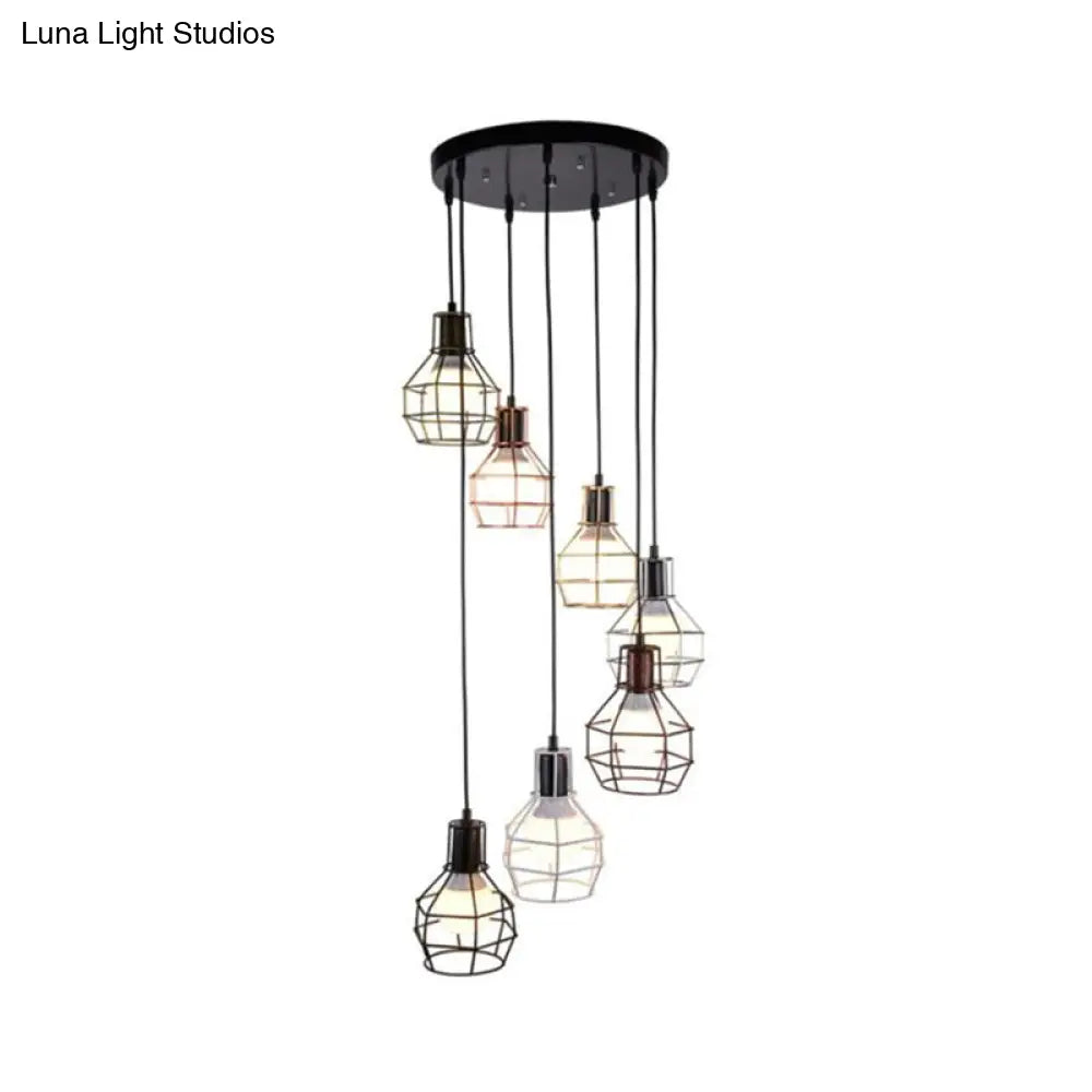 Modern Metal 7-Light Pendant Lamp In Black - Globe Cage Design Perfect For Stairs And Ceilings