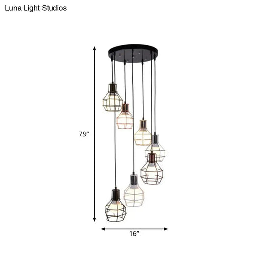 Modern Metal 7-Light Pendant Lamp In Black - Globe Cage Design Perfect For Stairs And Ceilings