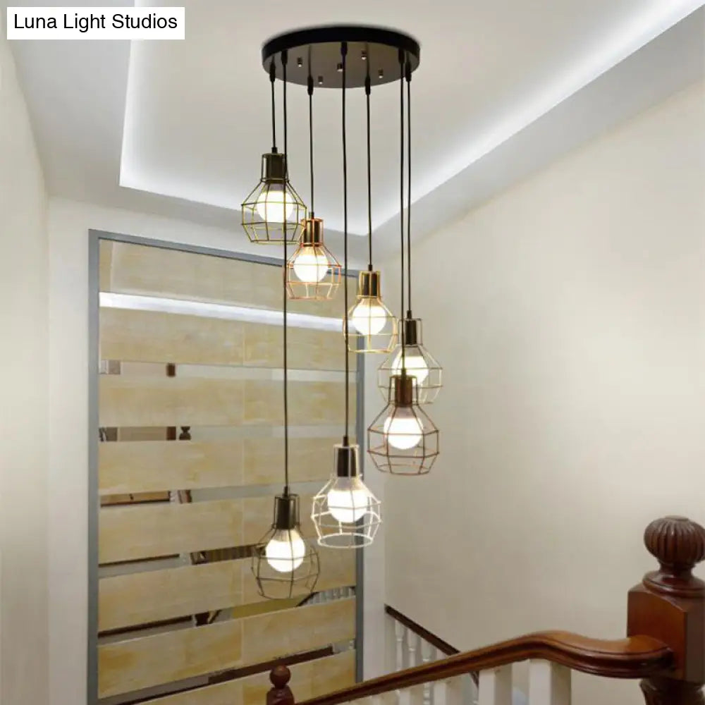 Black Metal 7-Light Pendant Chandelier With Globe Cages - Modern Stairs Ceiling Lamp