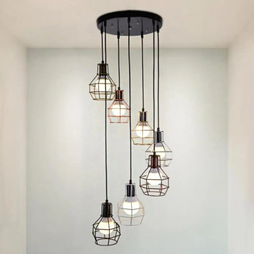 Black Metal 7-Light Pendant Chandelier With Globe Cages - Modern Stairs Ceiling Lamp 7 / Round