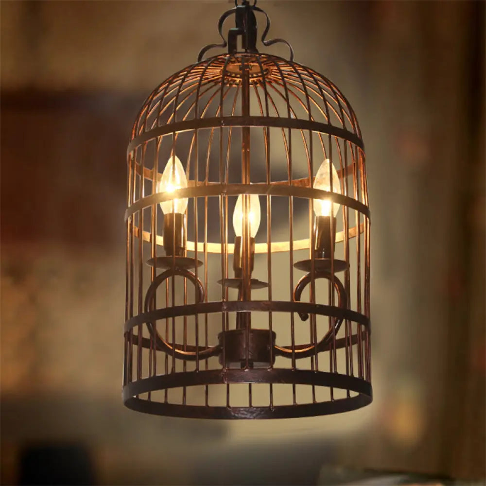 Black Metal Bird Cage Pendant Light: 3-Head Indoor Chandelier Fixture