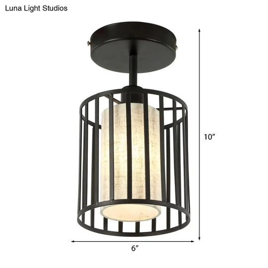 Black Metal Cage Ceiling Flush Mount Lamp With Conical/Cylindrical Shade - Simple Semi - Flushmount