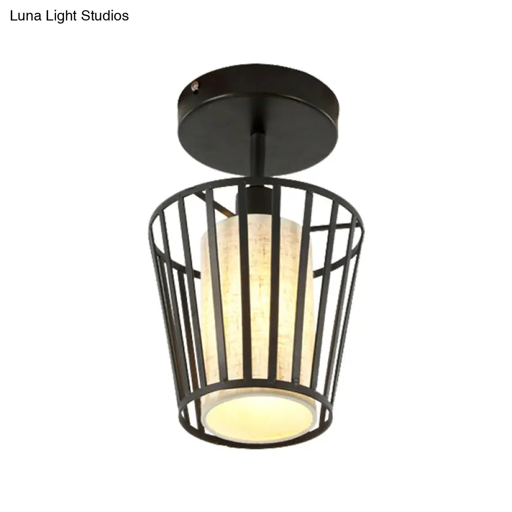 Black Metal Cage Ceiling Flush Mount Lamp With Conical/Cylindrical Shade - Simple Semi-Flushmount