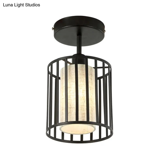 Black Metal Cage Ceiling Flush Mount Lamp With Conical/Cylindrical Shade - Simple Semi - Flushmount