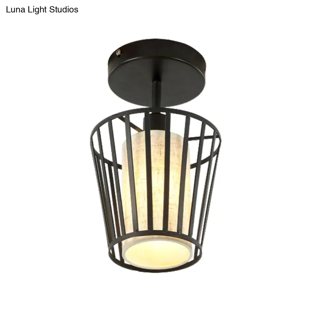 Black Metal Cage Ceiling Flush Mount Lamp With Conical/Cylindrical Shade - Simple Semi - Flushmount