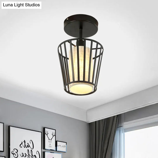 Black Metal Cage Ceiling Flush Mount Lamp With Conical/Cylindrical Shade - Simple Semi-Flushmount