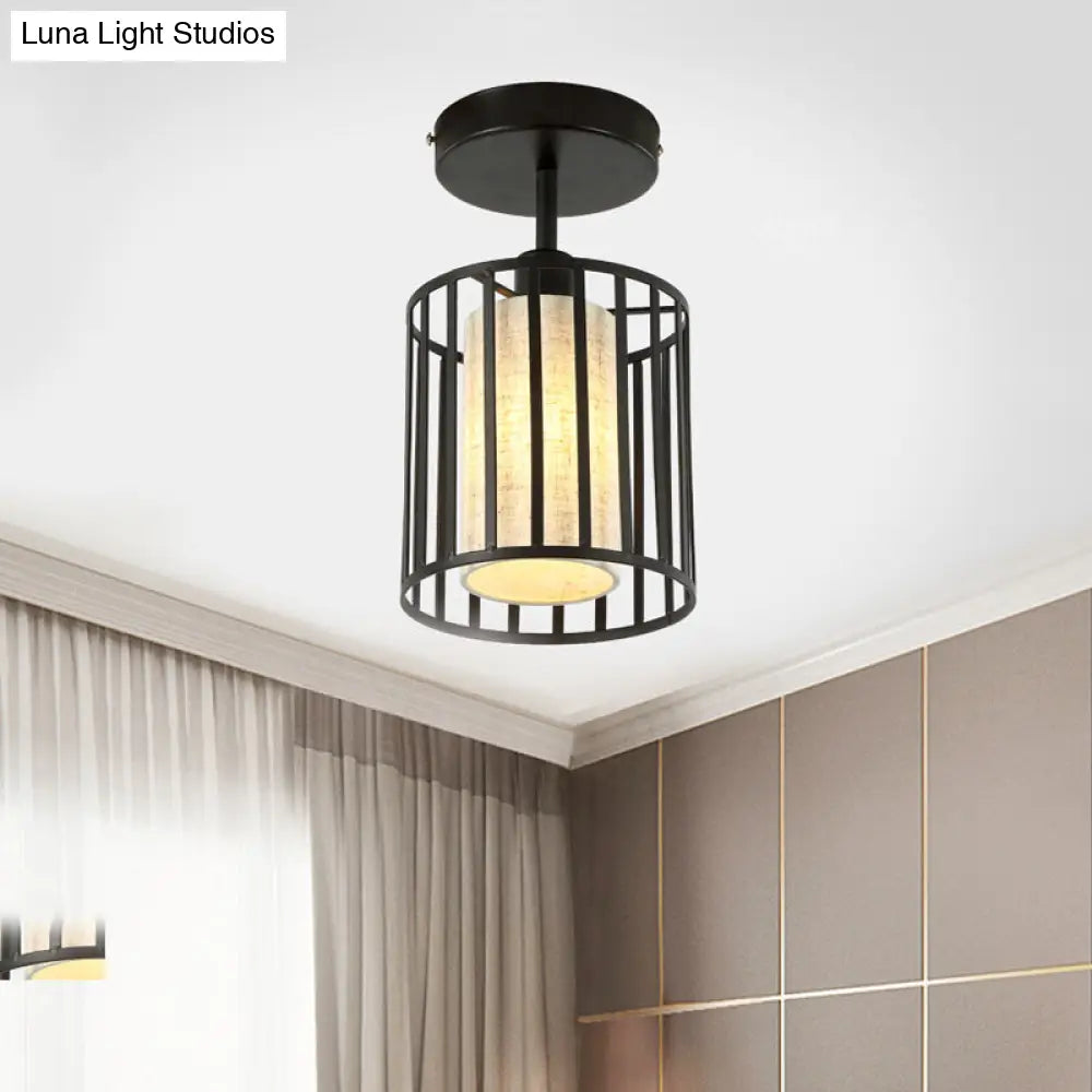 Black Metal Cage Ceiling Flush Mount Lamp With Conical/Cylindrical Shade - Simple Semi-Flushmount