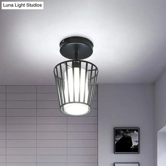 Black Metal Cage Ceiling Flush Mount Lamp With Conical/Cylindrical Shade - Simple Semi - Flushmount