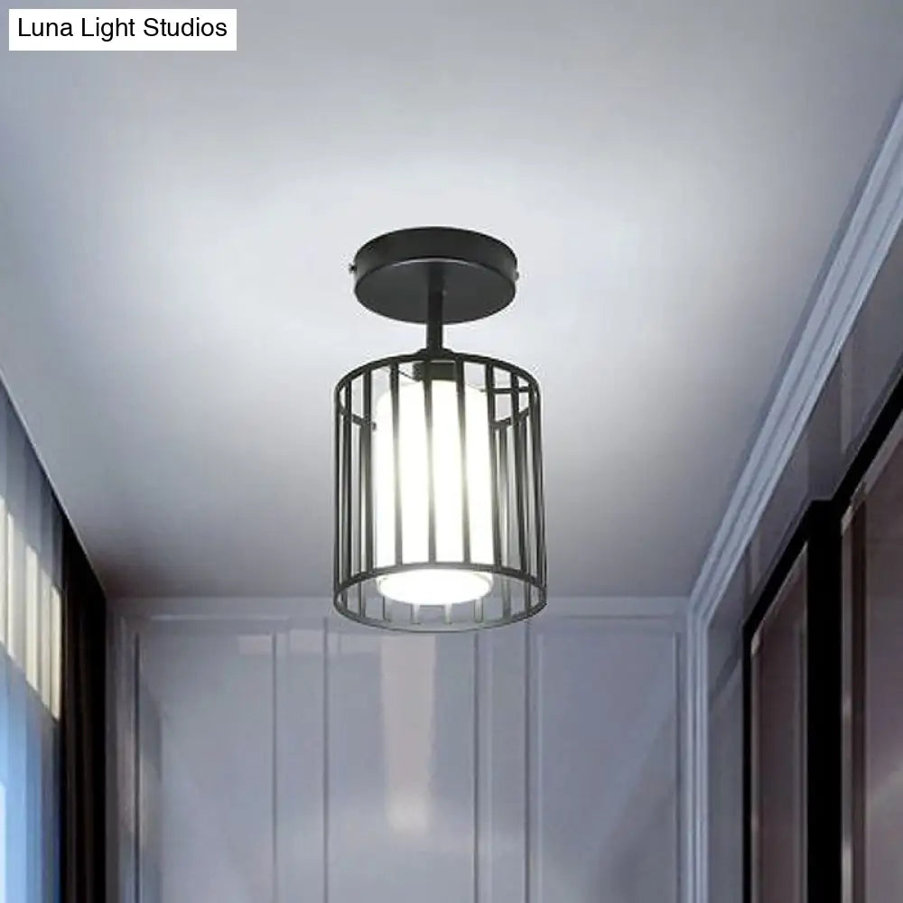 Black Metal Cage Ceiling Flush Mount Lamp With Conical/Cylindrical Shade - Simple Semi - Flushmount