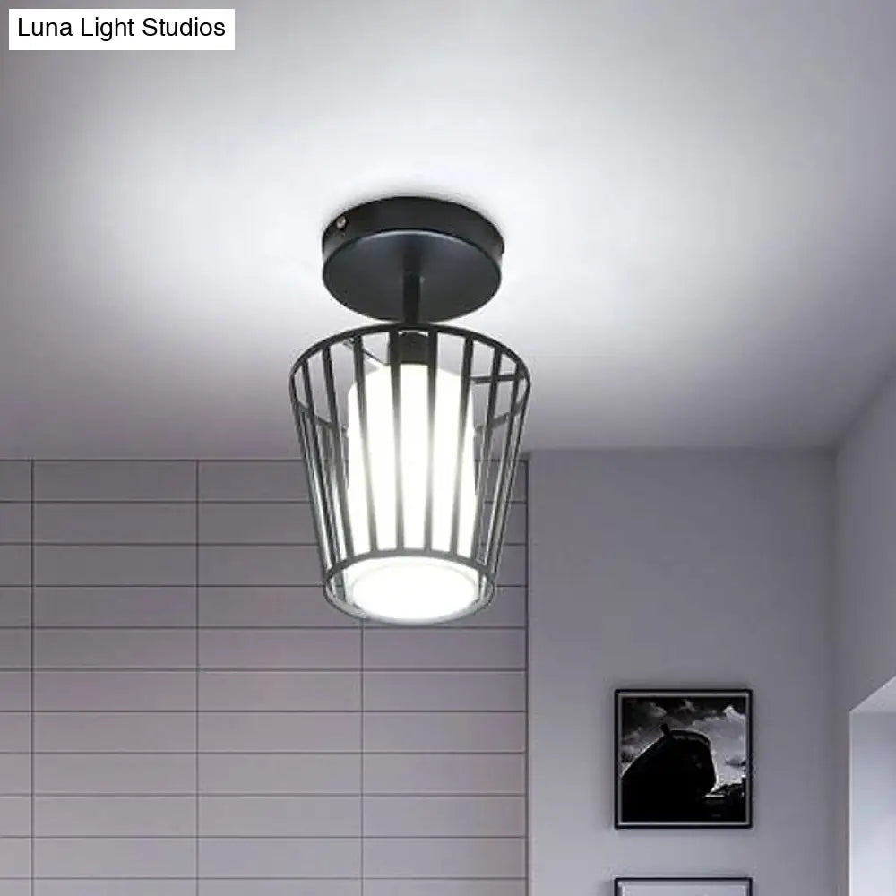 Black Metal Cage Ceiling Flush Mount Lamp With Conical/Cylindrical Shade - Simple Semi-Flushmount