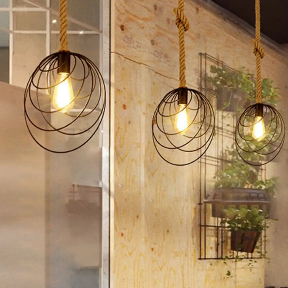 Black Metal Cage Pendant Light With Industrial Design For Restaurant Suspended By Rope Cord