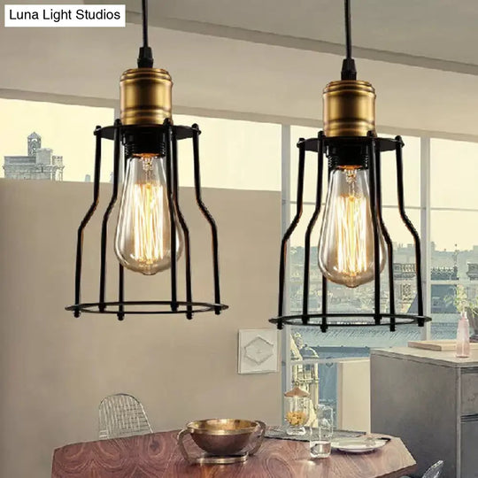 Black Caged Metal Pendant Light With Single Bulb Suspension For Warehouse