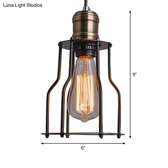 Black Caged Metal Pendant Light With Single Bulb Suspension For Warehouse