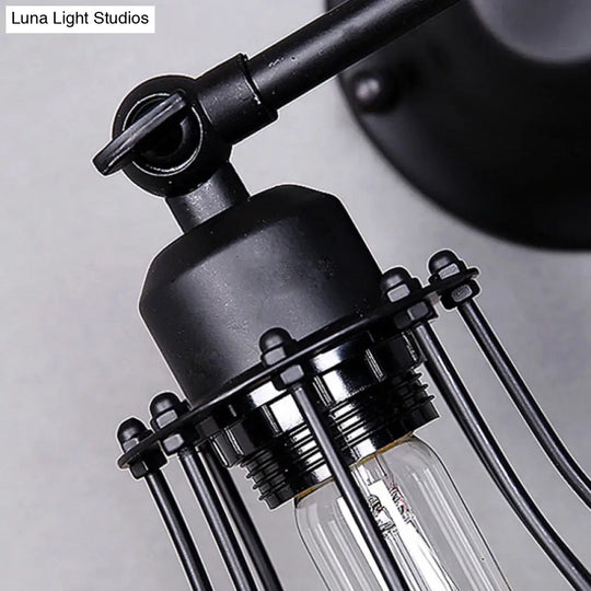 Black Metal Cage Wall Mount Light With Pivot Joint - Industrial Bedroom Sconce Lamp