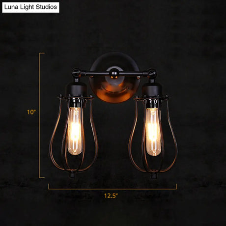 Black Metal Cage Wall Mount Light With Pivot Joint - Industrial Bedroom Sconce Lamp