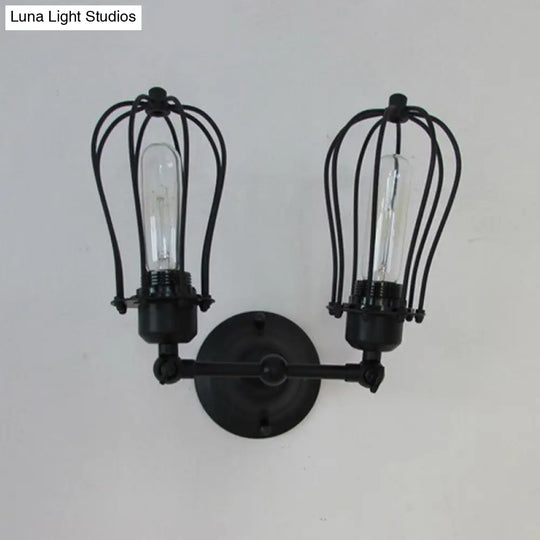 Black Metal Cage Wall Mount Light With Pivot Joint - Industrial Bedroom Sconce Lamp