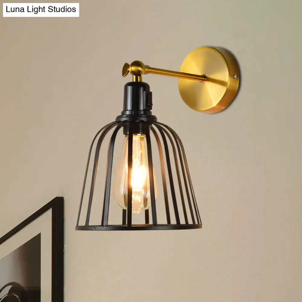 Black Metal Cage Wall Sconce With Bell Shade Industrial Style Hallway Light Fixture