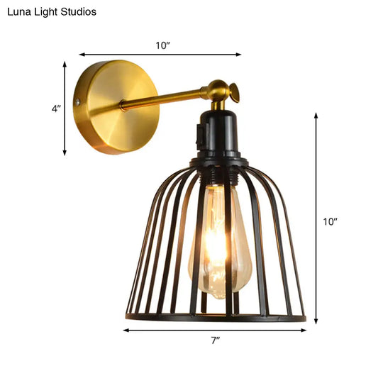 Black Metal Cage Wall Sconce With Bell Shade Industrial Style Hallway Light Fixture