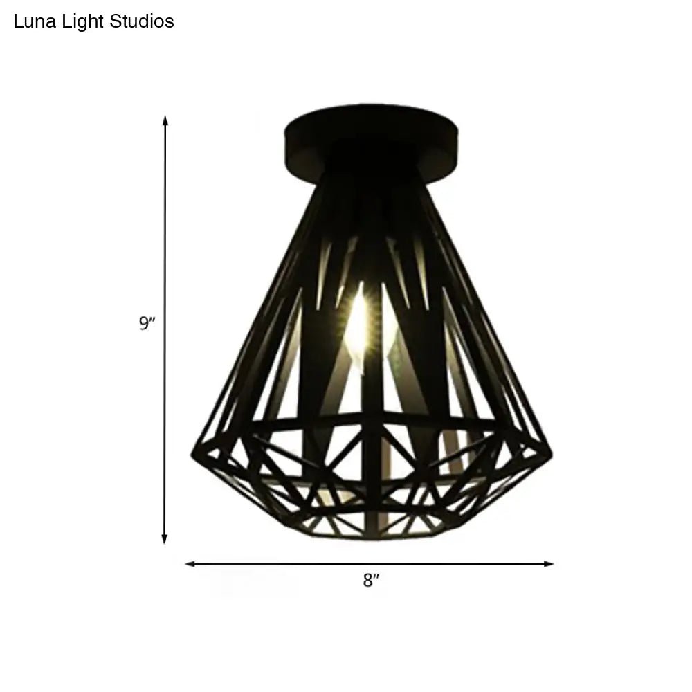 Black Metal Caged Flush Mount Fixture With Diamond Shade - Loft Style 1 Bulb Ceiling Lighting