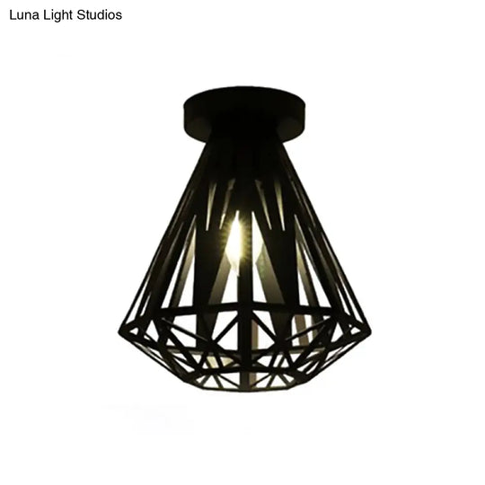 Black Metal Caged Flush Mount Fixture With Diamond Shade - Loft Style 1 Bulb Ceiling Lighting