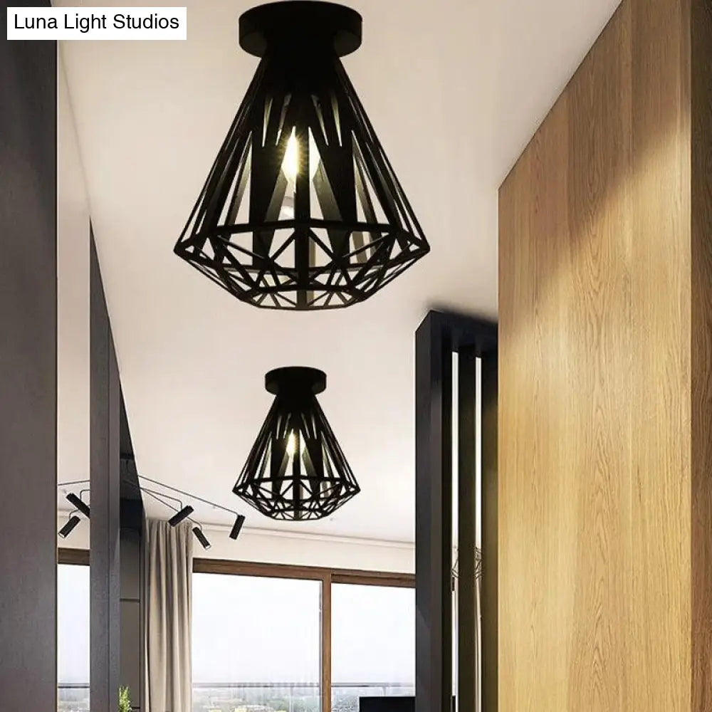 Black Metal Caged Flush Mount Fixture With Diamond Shade - Loft Style 1 Bulb Ceiling Lighting